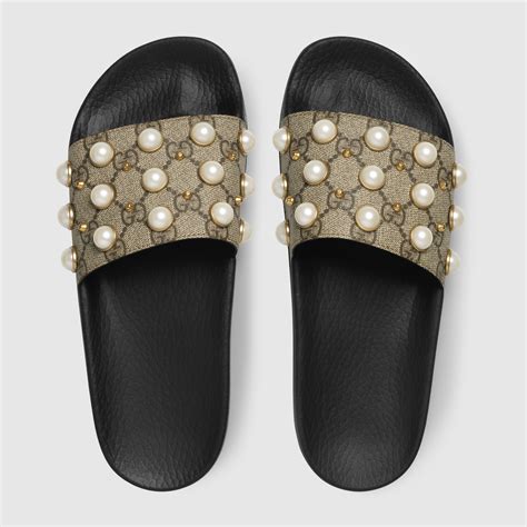 gucci women's gg supreme slides with pearls stores|gucci supreme slide sandals.